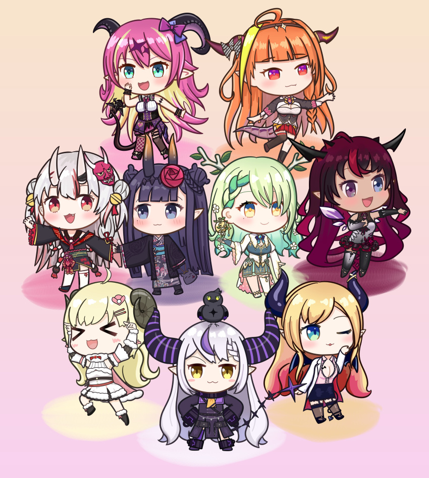 &gt;_&lt; 6+girls :3 absurdres ahoge animal_ears antlers asymmetrical_horns bangs bell black_footwear black_kimono black_skirt blonde_hair blue_eyes blunt_bangs boots bow braid braided_bangs breasts cape ceres_fauna chibi cleavage commentary demon_girl demon_horns demon_tail demon_wings detached_sleeves detached_wings double_bun dragon_girl dragon_horns dress english_commentary fang flower fur-trimmed_boots fur-trimmed_cape fur-trimmed_dress fur-trimmed_sleeves fur_trim gradient_hair green_hair hair_bell hair_flower hair_ornament hairclip heterochromia highres hololive hololive_english horn_bow horn_ornament horns irys_(hololive) japanese_clothes jingle_bell kimono kiryu_coco la+_darknesss labcoat long_hair long_sleeves looking_at_viewer mano_aloe microphone miniskirt mole mole_under_eye mpien multicolored_hair multiple_girls nakiri_ayame ninomae_ina'nis off_shoulder okobo oni oni_horns open_mouth orange_hair pink_hair pleated_skirt pointy_ears purple_eyes purple_hair red_eyes red_footwear red_hair sheep_girl sheep_horns short_dress short_kimono simple_background single_thighhigh skirt sleeveless sleeveless_dress sleeves_past_wrists smile streaked_hair striped_horns tabi tail tail_around_arm tentacle_hair thighhighs trait_connection tsunomaki_watame two-tone_hair two_side_up very_long_hair virtual_youtuber white_dress white_hair wide_sleeves wings yellow_eyes yuzuki_choco