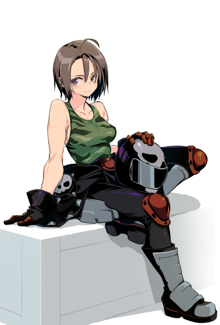 10mo 1girl ahoge arm_support breasts brown_eyes brown_hair camouflage camouflage_tank_top closed_mouth commentary_request crossed_legs full_body gloves highres justice_gakuen kazama_akira looking_at_viewer short_hair sitting smile solo street_fighter street_fighter_v tank_top