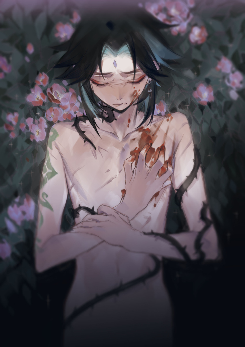 1boy absurdres arm_tattoo black_hair blood blood_on_face blood_on_hands closed_eyes earrings eyeshadow facial_mark flower forehead_mark genshin_impact green_hair grimace highres jewelry lying makeup male_focus mata_c multicolored_hair nude on_back red_eyeshadow scar scar_on_arm scar_on_chest solo tattoo thorns upper_body xiao_(genshin_impact)