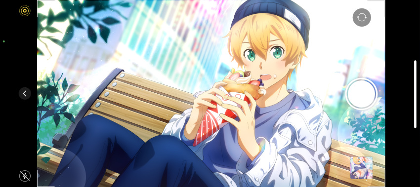 1boy bench blonde_hair blue_pants blush camera camera_phone eugeo fcc food fruit hat highres jacket open_mouth pants sitting strawberry sunlight sword_art_online