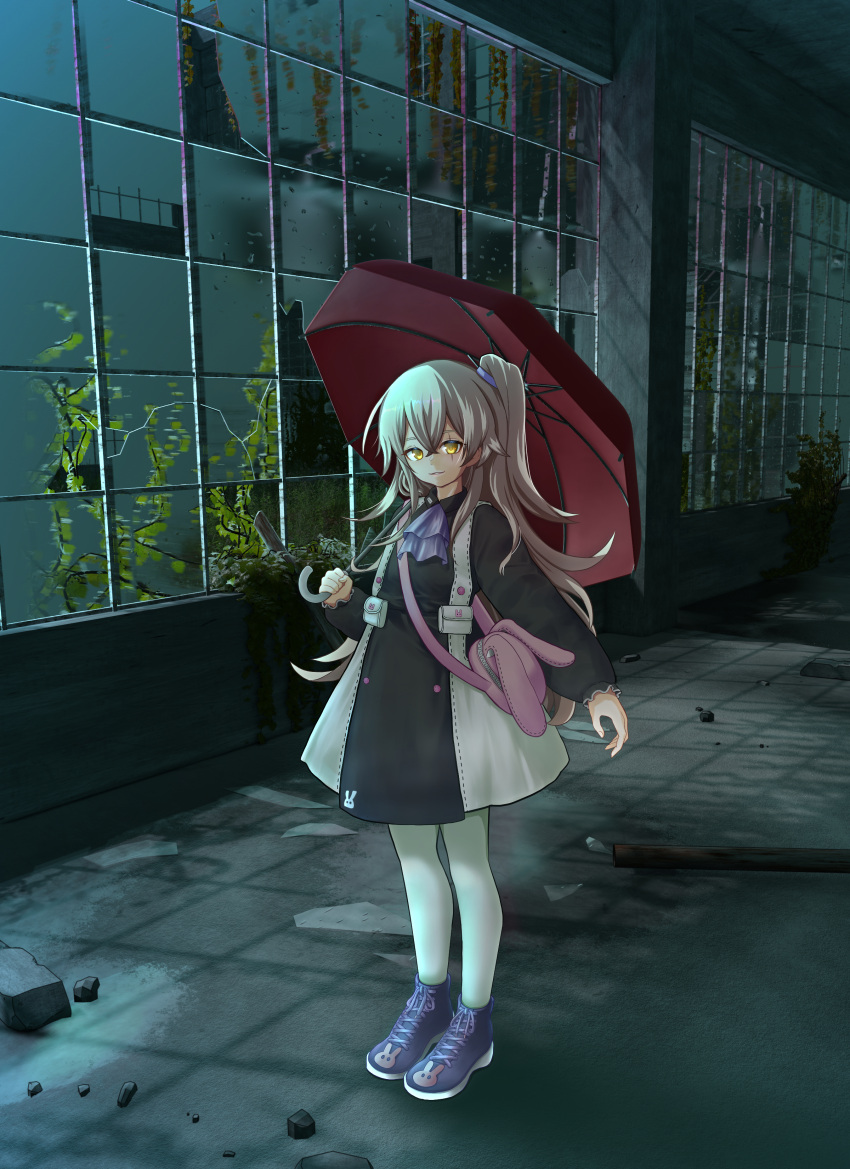 1girl absurdres animal_bag ascot black_dress boots brown_hair bunny_bag cross-laced_footwear dress full_body girls'_frontline highres holding holding_umbrella lace-up_boots long_hair multicolored_clothes multicolored_dress night one_side_up pantyhose parted_lips pink_bag purple_ascot purple_footwear red_umbrella ruins scar scar_across_eye solo umbrella ump45_(agent_lop_rabbit)_(girls'_frontline) ump45_(girls'_frontline) white_dress white_legwear yellow_eyes yuuki_kupo
