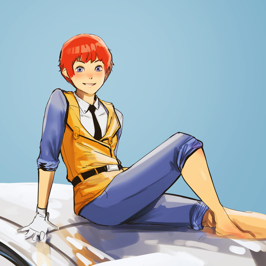 1girl barefoot blue_eyes dedydrsn gloves grin highres izumi_noa kidou_keisatsu_patlabor looking_at_viewer necktie pilot police police_uniform policewoman red_hair short_hair sitting sketch smile uniform vest white_gloves