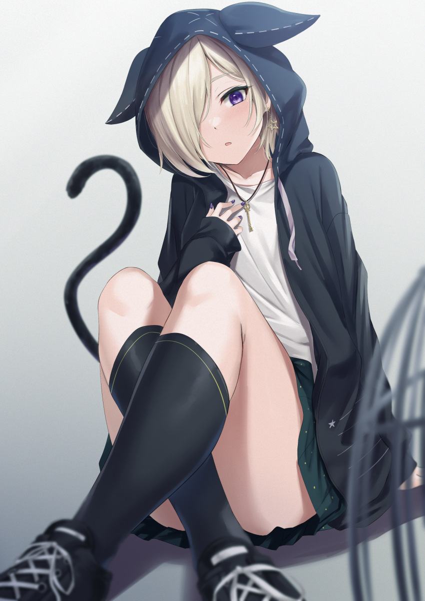 1girl :o absurdres animal_ears black_footwear black_hoodie black_legwear blonde_hair blurry blurry_foreground cat_tail crossed_legs depth_of_field earrings eyebrows_behind_hair fake_animal_ears gradient gradient_background green_skirt grey_background hair_over_one_eye hand_on_own_chest highres hood hoodie jewelry key_necklace kneehighs knees_up looking_at_viewer love_live! love_live!_nijigasaki_high_school_idol_club mia_taylor miniskirt open_clothes open_hoodie parted_lips purple_eyes rama_(yu-light8) shirt shoes short_hair sitting skirt sleeves_past_wrists sneakers solo star_(symbol) star_earrings stars_we_chase_(love_live!) tail tsurime white_shirt