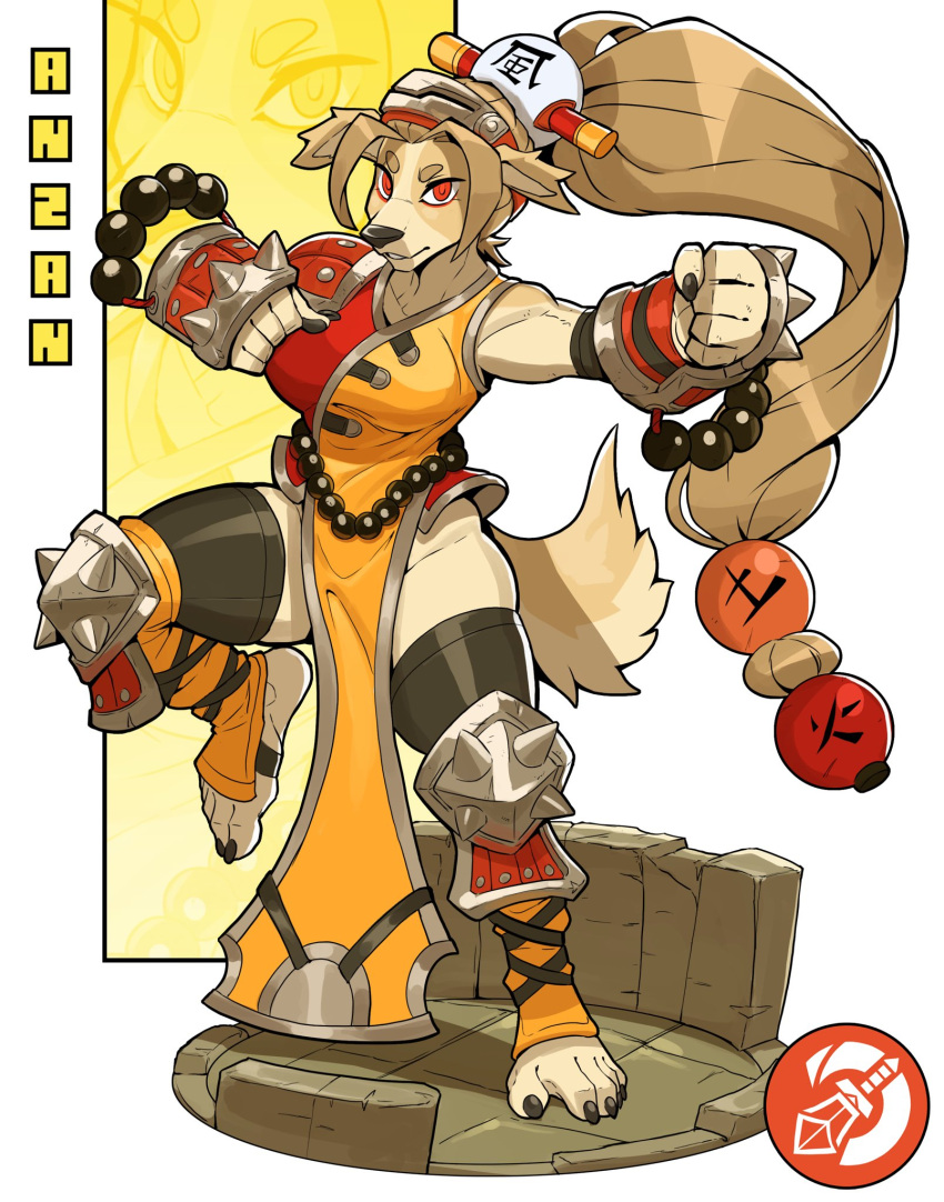 2021 5_fingers 5_toes action_pose anthro anzan_(midrushnic) armor beads black_nails blonde_hair canid canine canis ceehaz claws clothing colored_nails digital_media_(artwork) dog_knight_rpg domestic_dog eyewear_on_head feet female finger_claws fingers fist footwear fur gauntlets gloves grey_background hair handwear hi_res humanoid_feet humanoid_hands hunting_dog knee_pads legwear mammal monk nails pauldron pelvic_curtain ponytail pose red_eyes sighthound simple_background solo stirrup_legwear stockings tan_body tan_fur thick_thighs toe_claws toes vambraces visor whippet wide_hips