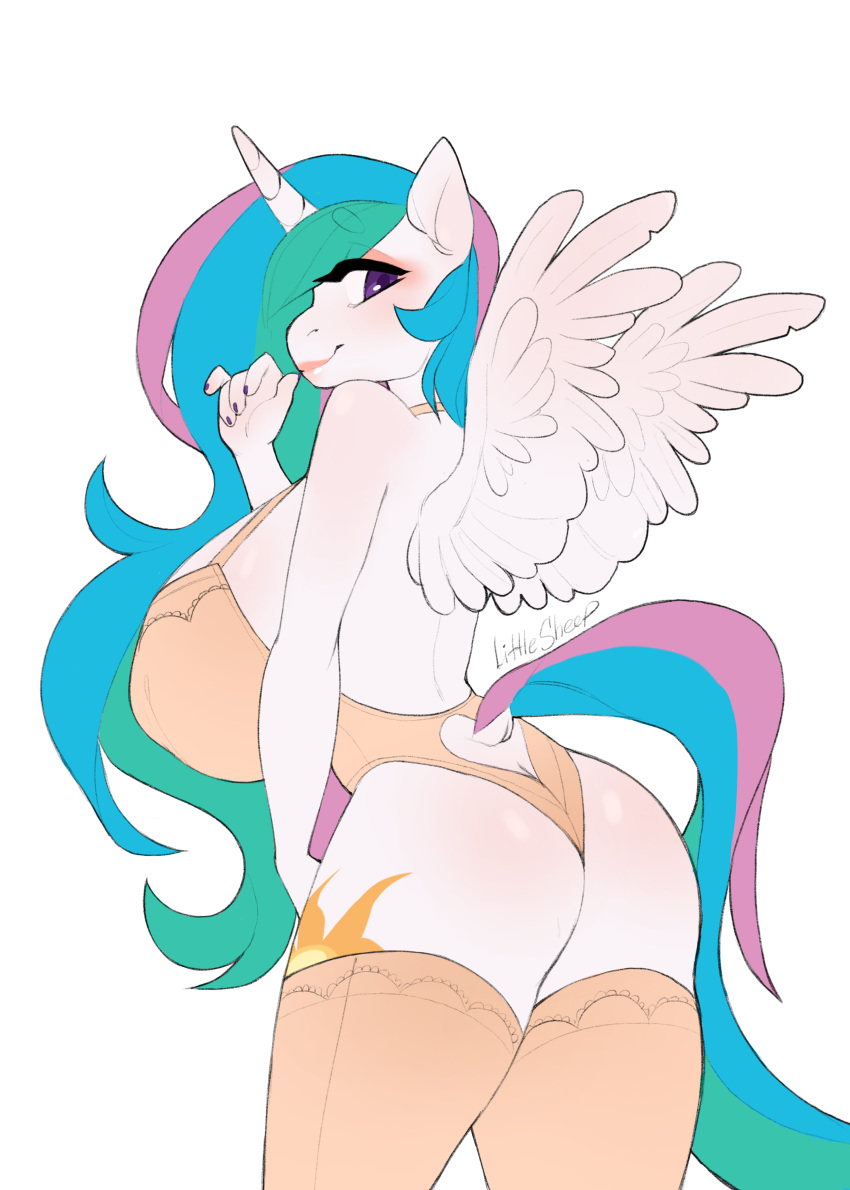 2018 anthro anthrofied big_breasts breasts butt clothing colored_nails corset cutie_mark dock equine eyeshadow feathered_wings feathers female fingernails friendship_is_magic furgonomics hair hi_res horn huge_breasts lace legwear lingerie lips littlesheep long_hair looking_at_viewer looking_back makeup mammal multicolored_hair my_little_pony nipple_bulge princess_celestia_(mlp) purple_eyes side_boob signature simple_background small_waist smile solo stockings thigh_highs white_background white_feathers white_skin winged_unicorn wings