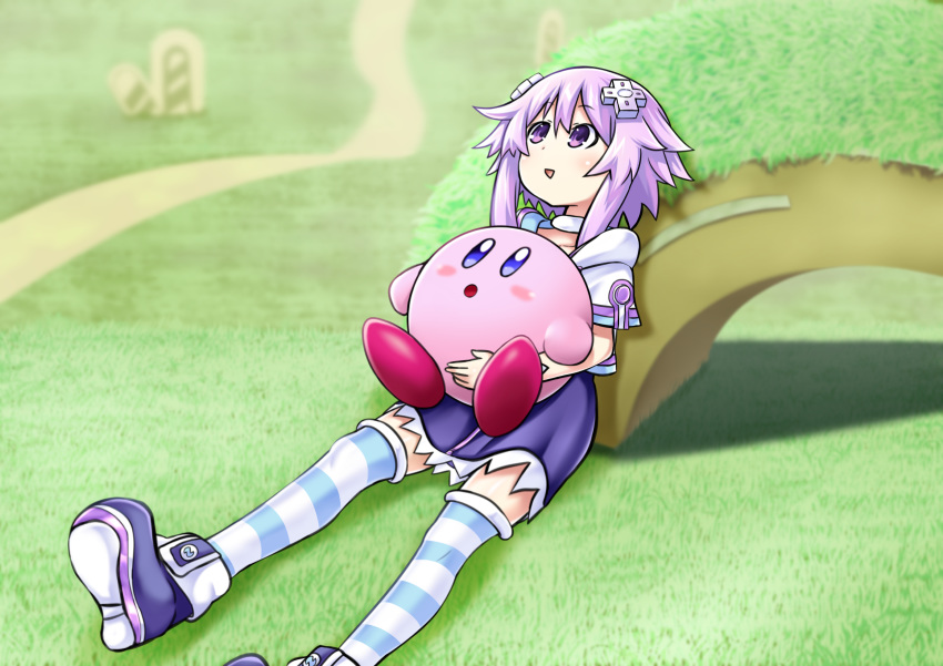 1girl :o arch blue_eyes blush commentary_request crossover d-pad d-pad_hair_ornament grass hair_ornament highres holding_another kirby kirby_(series) kurozero looking_up neptune_(neptune_series) neptune_(series) nintendo open_mouth outdoors purple_eyes purple_footwear purple_hair purple_skirt short_hair sitting sitting_on_ground sitting_on_lap sitting_on_person skirt striped striped_legwear thighhighs triangle_mouth