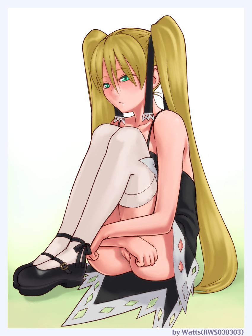 absurdres highres marion_phauna mary_janes no_panties pussy ribbon royalwatts shaman_king shoes sitting solo thighhighs twintails upskirt