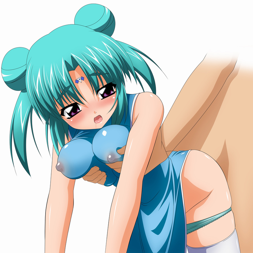 absurdres aqua_hair bare_shoulders blush breast_grab breast_squeeze breasts canal_vorfeed china_dress chinese_clothes covered_nipples doggystyle dress grabbing highres large_breasts lost_universe panties panty_pull purple_eyes saliva solo_focus sugimura_tomokazu thighhighs underwear white_legwear