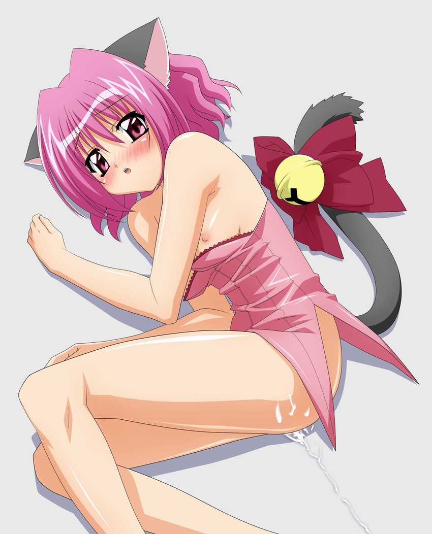 absurdres after_sex after_vaginal animal_ears bell blush bow breasts cat_ears cat_tail cum cum_in_pussy cumdrip highres magical_girl mew_ichigo momomiya_ichigo nipples pink_hair short_hair small_breasts solo sugimura_tomokazu tail tail_bell tail_bow tokyo_mew_mew