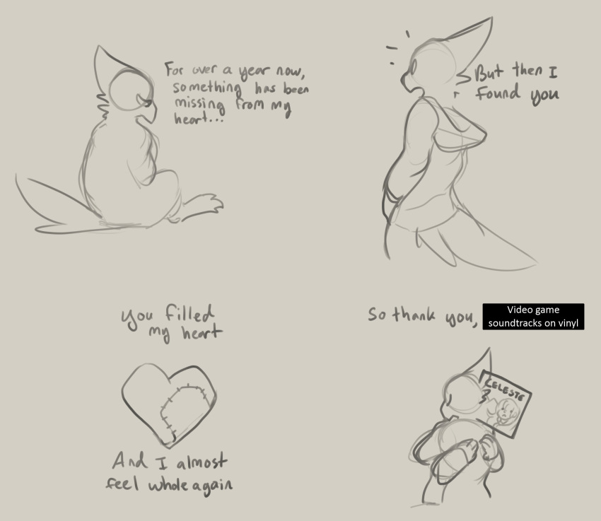 &lt;3 ambiguous_gender anthro avian beak clothed clothing comic conditional_dnp duo emanata english_text feather_hair feathers fully_clothed grey_background guide_lines hoodie hug laefa_padlo line_art qualzar sad scorchen simple_background sitting standing tail_feathers text