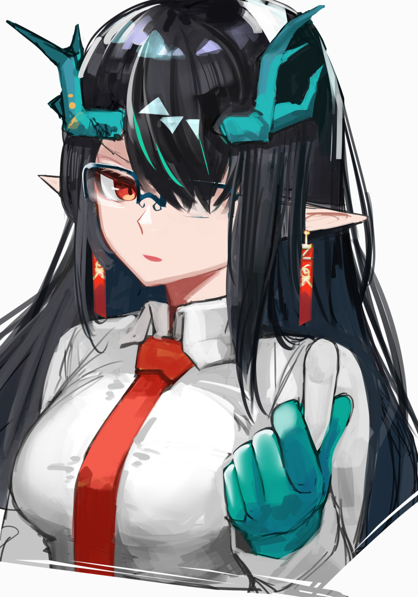 1girl absurdres alternate_costume ao_oni_(onioni-aoi) arknights bespectacled black_hair blue-framed_eyewear breasts chalk collared_shirt cropped_torso dragon_horns dusk_(arknights) earrings glasses gloves green_gloves highres holding horns jewelry long_hair long_sleeves looking_at_viewer medium_breasts necktie office_lady over-rim_eyewear parted_lips pointy_ears red_eyes red_necktie semi-rimless_eyewear shirt simple_background smile solo upper_body v-shaped_eyebrows white_background white_shirt