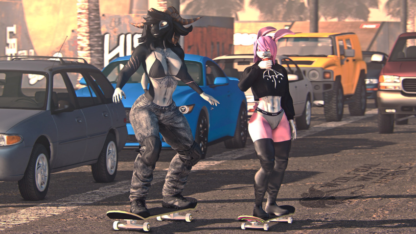 3d_(artwork) abs absurd_res anthro black_body black_fur black_hair bovid caprine car digital_media_(artwork) duo fan_character female female/female ford ford_mustang fur goat hair hi_res horn humanoid isis_deva_(ludexus) knee_pads lagomorph leporid long_ears ludexus mammal muscular muscular_anthro muscular_female palm_tree park pink_body pink_fur pink_hair plant rabbit skate_park skateboard skateboarding source_filmmaker street street_lamp tattoo tree vehicle vehicles white_chest zafy_takada_(ludexus)