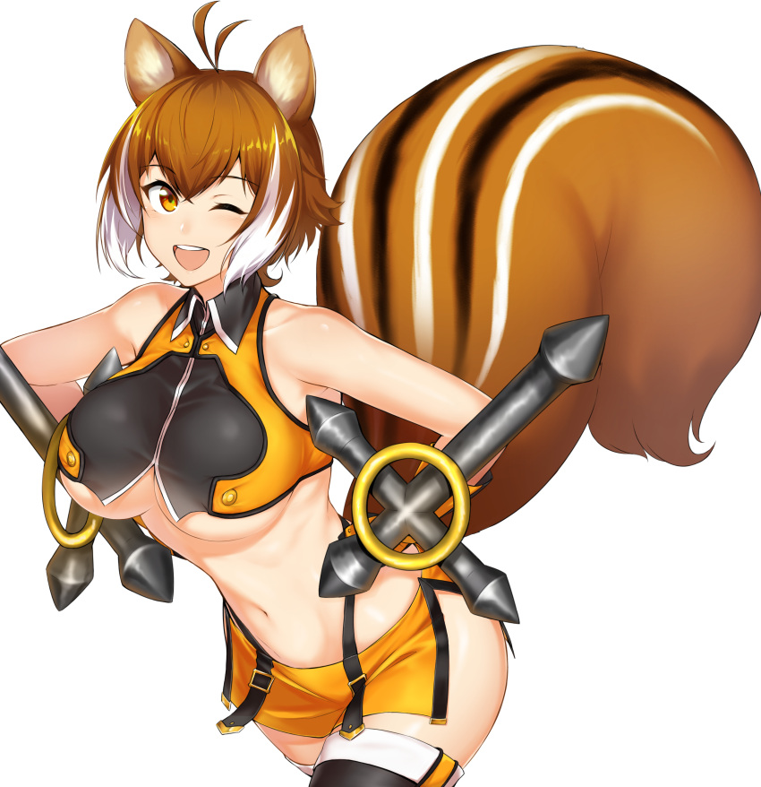 1girl ;d absurdres animal_ears antenna_hair black_legwear blazblue breasts brown_eyes brown_hair cowboy_shot crop_top dual_wielding hands_on_hips highleg highleg_panties highres holding large_breasts makoto_nanaya midriff miniskirt multicolored_hair navel one_eye_closed orange_skirt panties purinnssu revealing_clothes short_hair side_slit skirt smile squirrel_ears squirrel_girl squirrel_tail tail thighhighs tonfa two-tone_hair underboob underwear weapon white_background