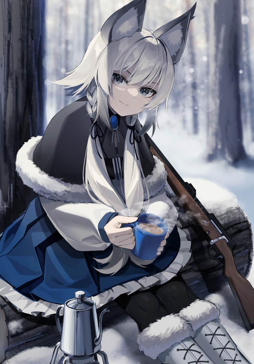 1girl absurdres animal_ears black_legwear blue_skirt boots braid capelet cat_ears commission forest frilled_skirt frills fur-trimmed_boots fur-trimmed_capelet fur_trim grey_eyes grey_hair gun highres log long_sleeves looking_at_viewer nature nomu_(29_nom) original rifle short_hair_with_long_locks sitting_on_log skeb_commission skirt smile snow snowing tea teapot tree twin_braids weapon weapon_request