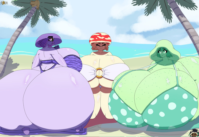 beach big_breasts big_butt bikini breasts butt clothing deiny_(kouh) drinking elemental_creature elemental_humanoid female fungi_fauna fungi_humanoid fungus green_body group hi_res huge_breasts huge_butt humanoid hyper hyper_breasts hyper_butt kouh lux_(kouh) mushroom mushroom_humanoid purple_body seaside smile swimwear thyz_(kouh) tight_clothing trio white_body