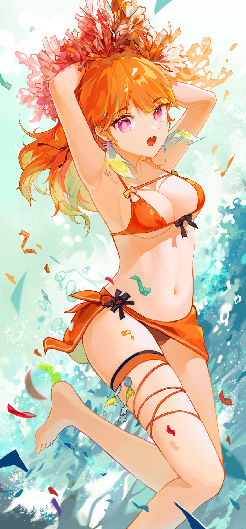 1girl :d absurdres armpits arms_behind_head arms_up barefoot bikini breasts cleavage colored_inner_hair confetti dot_nose earrings feather_earrings feathers gradient_hair green_hair happyongdal highres hololive hololive_english jewelry long_hair looking_at_viewer medium_breasts multicolored_hair navel open_mouth orange_bikini orange_hair pink_eyes pom_pom_(cheerleading) sarong smile solo standing standing_on_one_leg stomach swimsuit takanashi_kiara thigh_strap virtual_youtuber