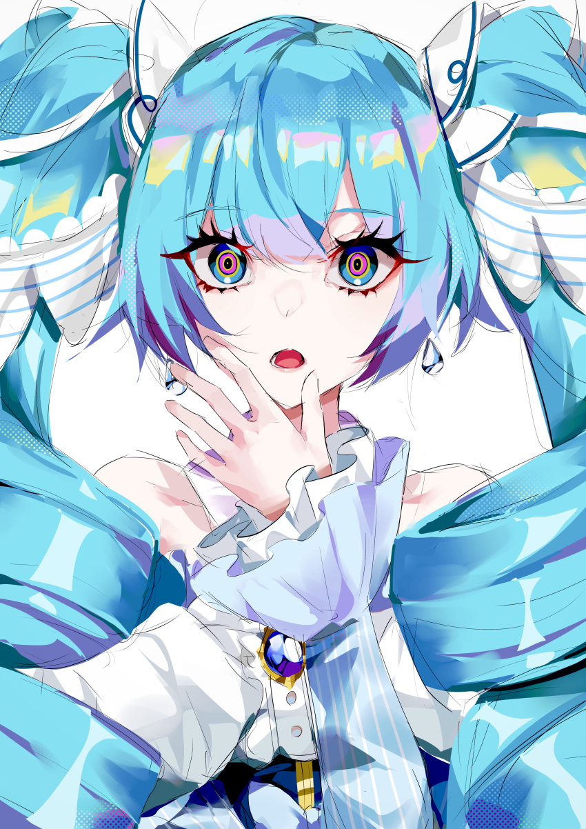 1girl absurdres aqua_eyes bangs bare_shoulders blue_hair drill_hair earrings eyebrows_visible_through_hair hatsune_miku highres jewelry long_hair long_sleeves looking_at_viewer mikaduki_3636 multicolored_eyes open_mouth red_pupils ringed_eyes simple_background solo upper_body vocaloid white_background yuki_miku yuki_miku_(2019)