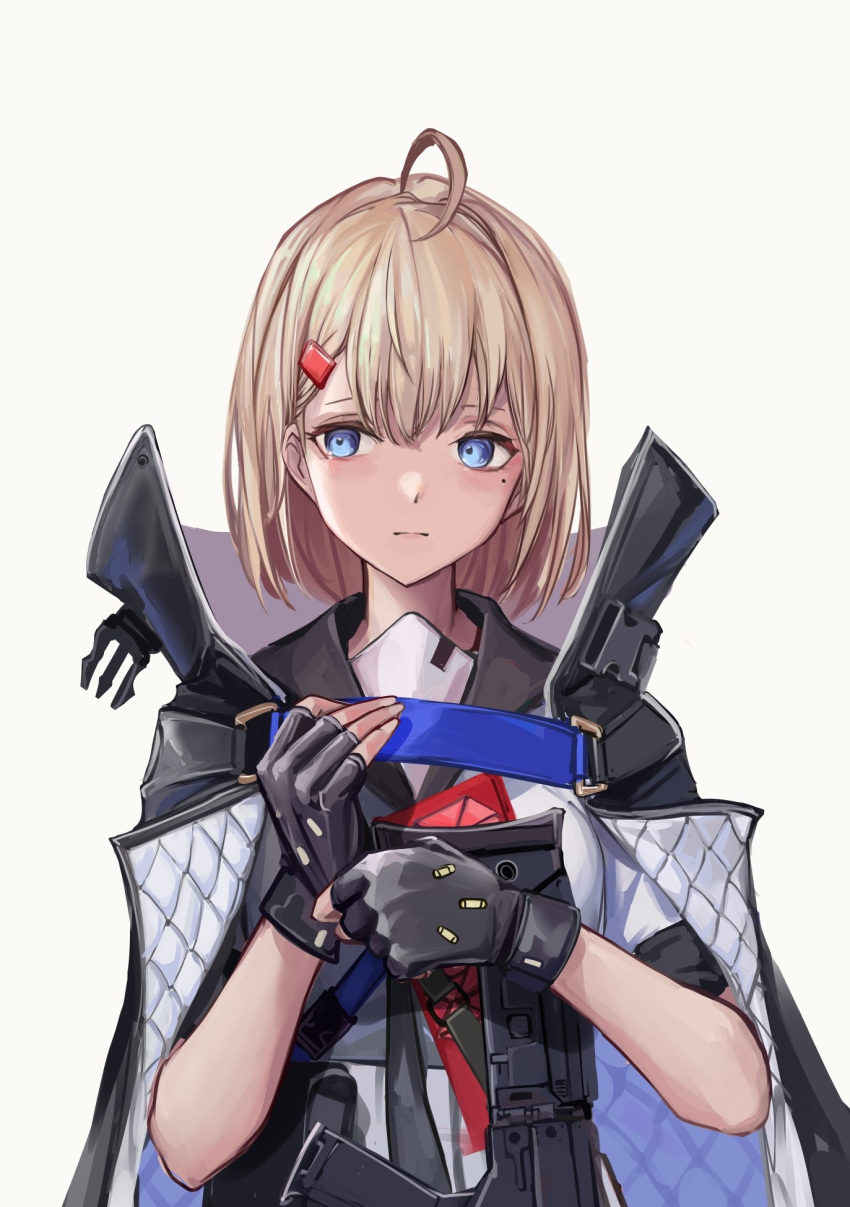 1girl acr_(girls'_frontline) ahoge arm_up assault_rifle bangs black_gloves blonde_hair blue_eyes bushmaster_acr closed_mouth dress eyebrows_visible_through_hair girls'_frontline gloves gun hair_ornament hairclip highres holding holding_gun holding_weapon jacket jacket_on_shoulders light_blush lips lithographica looking_at_viewer medium_hair mole mole_under_eye open_clothes open_jacket rifle short_sleeves solo upper_body weapon white_background white_dress white_jacket