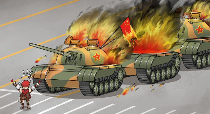 1girl arms_up blonde_hair commentary_request fire from_behind genshin_impact ground_vehicle hat highres holding kkgusxo klee_(genshin_impact) long_hair long_sleeves military military_vehicle motor_vehicle parody people's_republic_of_china_flag red_headwear road smoke solo street tank tank_man