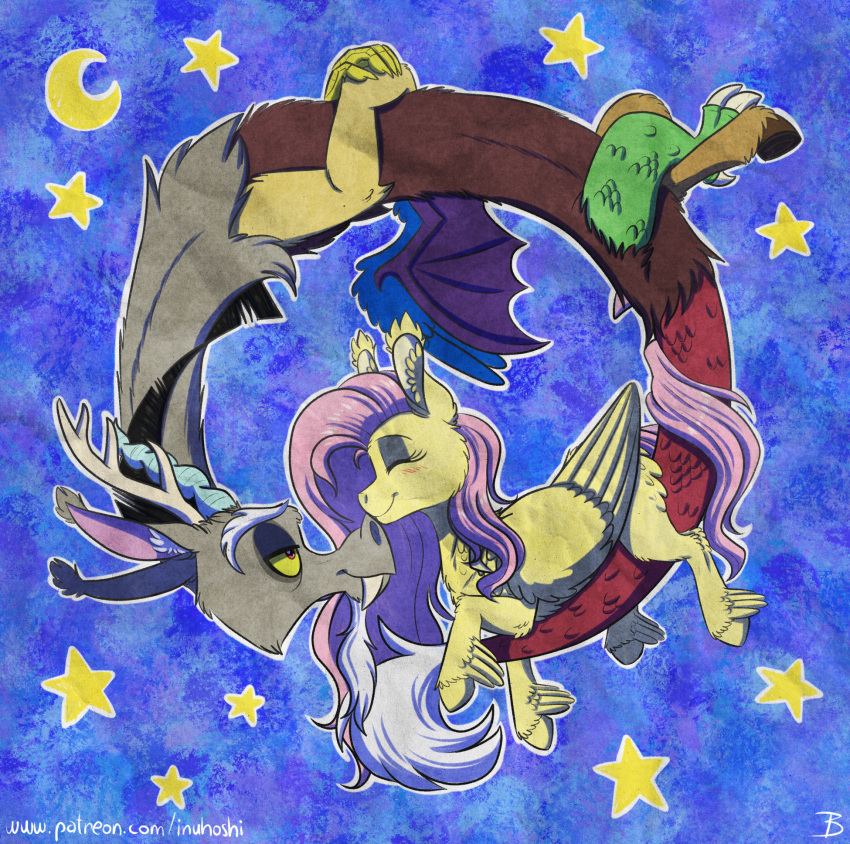 blush chimera crescent_moon discord_(mlp) draconequus equid equine eyes_closed fangs female fluttershy_(mlp) friendship_is_magic hair hasbro hi_res inuhoshi-to-darkpen male mammal moon my_little_pony nose_kiss pegasus pink_hair star wings yellow_sclera