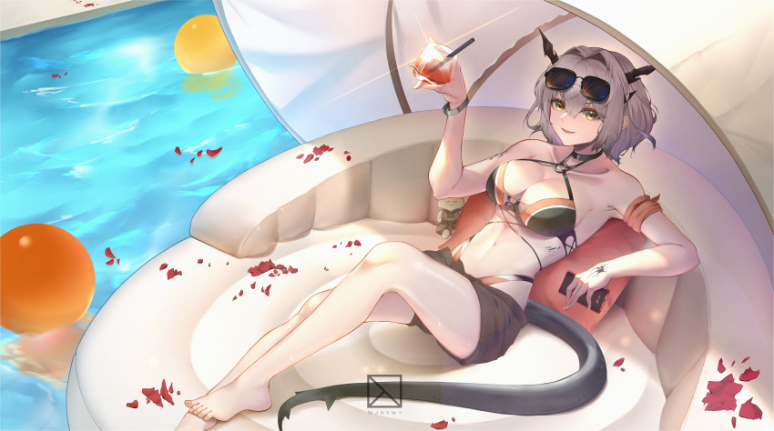 1girl absurdres afloat alternate_costume arknights artist_name bare_shoulders bikini breasts character_doll choker cleavage commentary_request cup dragon_girl dragon_horns dragon_tail drinking_straw grey_hair highres holding holding_cup holding_phone horns inflatable_raft large_breasts looking_at_viewer lying medium_hair navel njnywy original oripathy_lesion_(arknights) parted_lips petals petals_on_liquid phone pillow pool reflection shorts smile solo swimsuit tail talulah_(arknights)