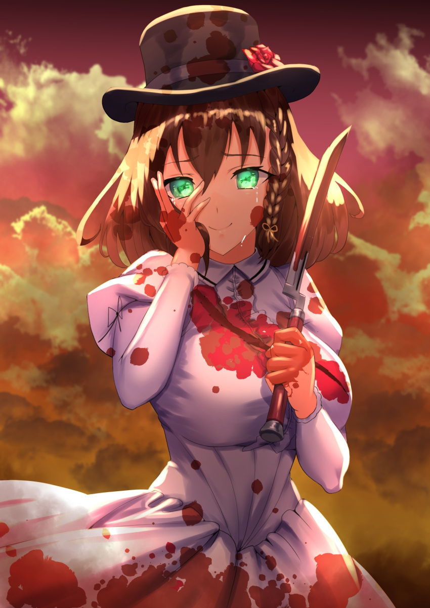 1girl absurdres blood blood_on_face blood_on_knife breasts brown_hair charlotte_corday_(fate) charlotte_corday_(third_ascension)_(fate) curecycadura fate/grand_order fate_(series) green_eyes hat highres holding holding_knife knife large_breasts looking_at_viewer smile solo standing
