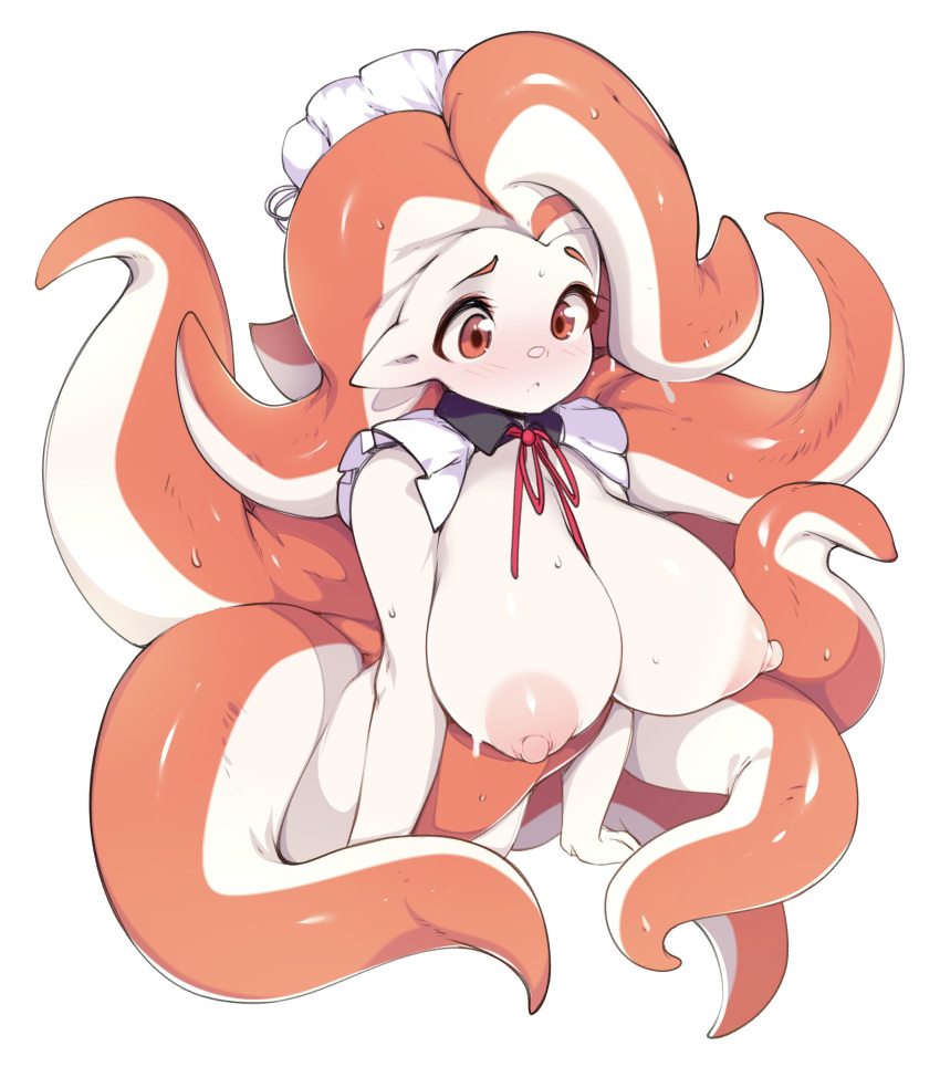 1girl absurdres blush bottomless breasts highres huge_breasts maid_headdress monster_girl nipples orange_eyes original pointy_ears red_ribbon ribbon simple_background slugbox solo sweat tentacle_hair tentacles upper_body white_background