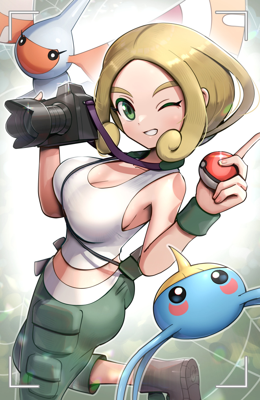 1girl absurdres ass blonde_hair boots breasts bug camera cargo_pants cleavage commentary dot_nose dutch_angle from_side glint gonzarez green_eyes green_pants grin highres holding holding_camera holding_poke_ball index_finger_raised large_breasts looking_at_viewer looking_to_the_side masquerain midriff moth one_eye_closed pants poke_ball poke_ball_(basic) pokemon pokemon_(creature) pokemon_(game) pokemon_xy short_hair silk smile spider_web standing standing_on_one_leg strap surskit tank_top viewfinder viola_(pokemon) white_tank_top wristband