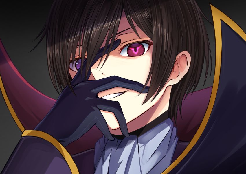 1boy absurdres bangs black_gloves code_geass gloves gradient gradient_background grin hand_up highres lelouch_lamperouge long_sleeves looking_at_viewer male_focus portrait red_eyes relight shiny shiny_hair short_hair smile solo teeth