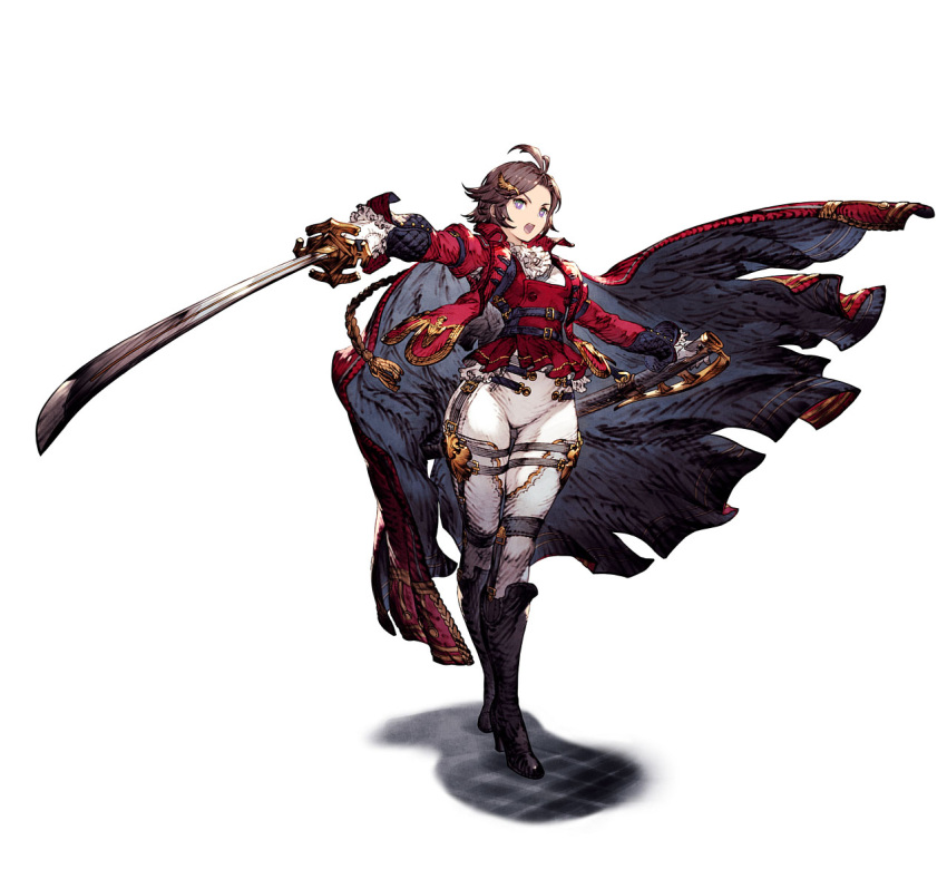 1girl artist_request boots brown_hair cape character_request final_fantasy final_fantasy_brave_exvius highres holding holding_sword holding_weapon jacket knee_boots official_art open_mouth pants purple_eyes red_jacket short_hair simple_background solo standing sword unsheathed war_of_the_visions:_final_fantasy_brave_exvius weapon white_background white_pants