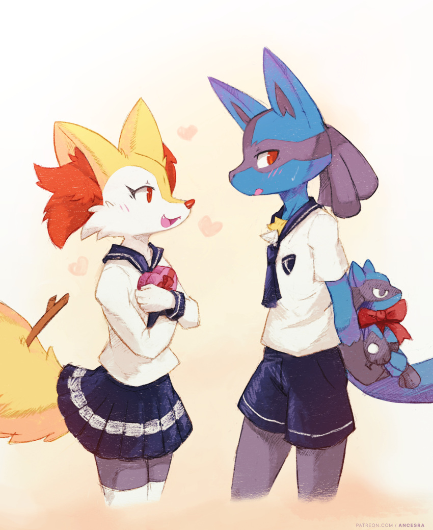 1boy 1girl :3 ancesra animal_ear_fluff animal_ears animal_nose arms_behind_back artist_name black_fur blue_fur blue_neckerchief blue_sailor_collar blue_shorts blue_skirt blush body_fur bow box braixen character_doll commentary cowboy_shot cropped_legs crossed_arms english_commentary fang flat_chest fox_ears fox_girl fox_tail from_side furry furry_female furry_male furry_with_furry gift gift_box gradient gradient_background happy heart heart-shaped_box hetero highres holding holding_box holding_gift interspecies long_sleeves looking_at_another looking_away looking_back lucario miniskirt multicolored_fur neckerchief nervous non-web_source open_mouth patreon_username pleated_skirt pocket pokemon pokemon_(creature) profile red_bow sailor_collar school_uniform serafuku shirt short_shorts short_sleeves shorts simple_background skirt smile snout standing stick sweat tail thighhighs valentine watermark web_address white_fur white_legwear white_shirt wolf_boy wolf_ears wolf_tail yellow_fur zettai_ryouiki