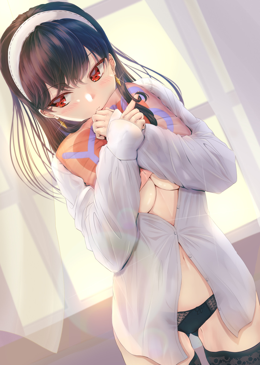 1girl absurdres ass_visible_through_thighs bangs black_hair black_legwear black_panties blurry blush borrowed_garments breasts buttons closed_mouth commentary_request curtains depth_of_field dress_shirt earrings glint gold_earrings hairband hands_on_own_chest hands_up hifumi0413 highres holding holding_pillow jewelry long_hair long_sleeves looking_away looking_to_the_side navel no_pants panties partially_unbuttoned pillow playing_with_own_hair red_eyes shirt solo spy_x_family straight_hair thighhighs underboob underwear white_hairband white_shirt window yes yes-no_pillow yor_briar