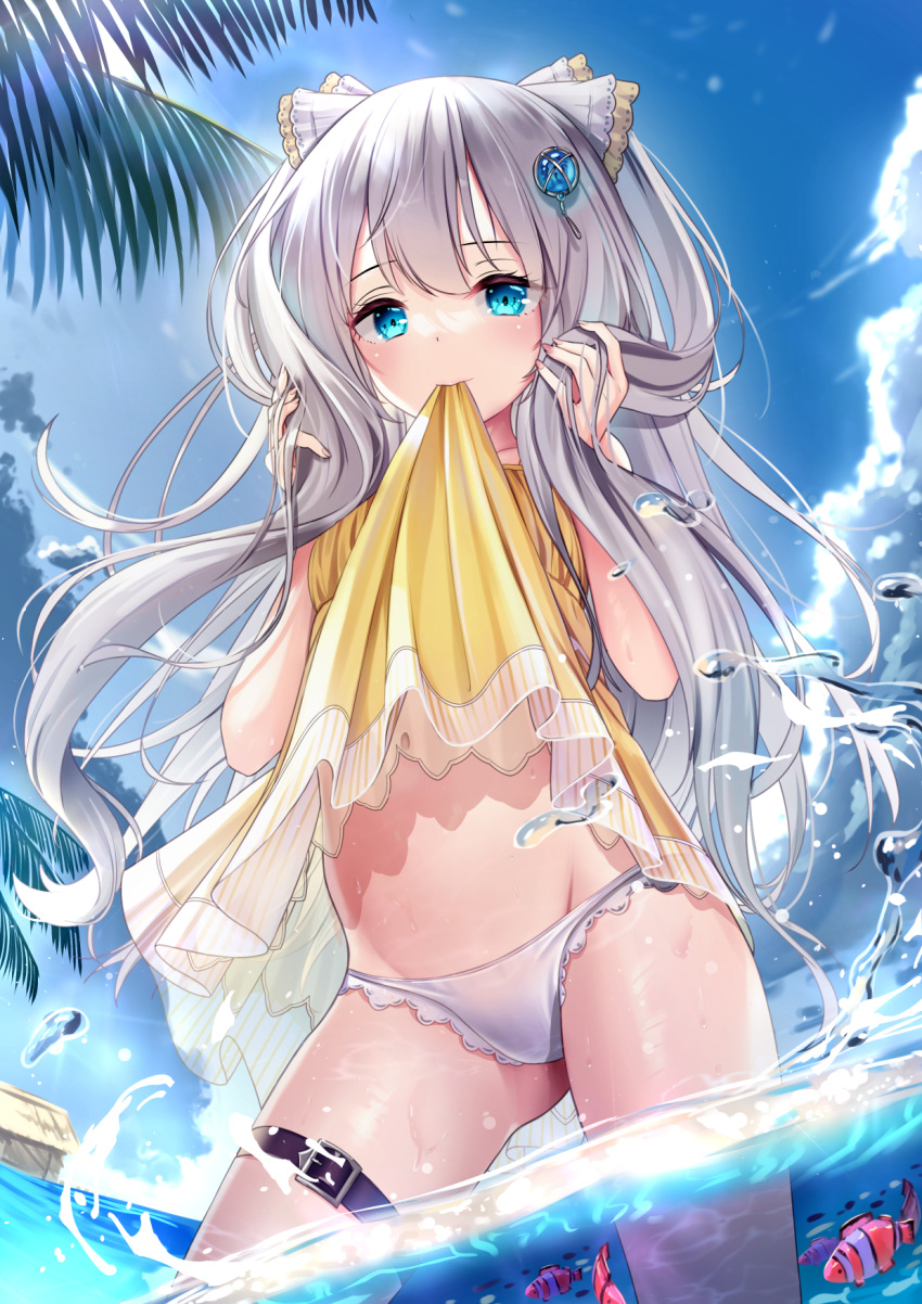 1girl bangs belt bikini blue_eyes blush bubble clothes_lift cloud cowboy_shot dress dress_in_mouth dress_lift eyebrows_behind_hair fish grey_hair groin hair_ornament hair_ribbon highres holding holding_hair leaf long_hair looking_at_viewer midriff mouth_hold ocean original partially_submerged ribbon sky solo stomach swimsuit thigh_strap thighs twintails wet wet_clothes white_bikini yan_(nicknikg) yellow_dress