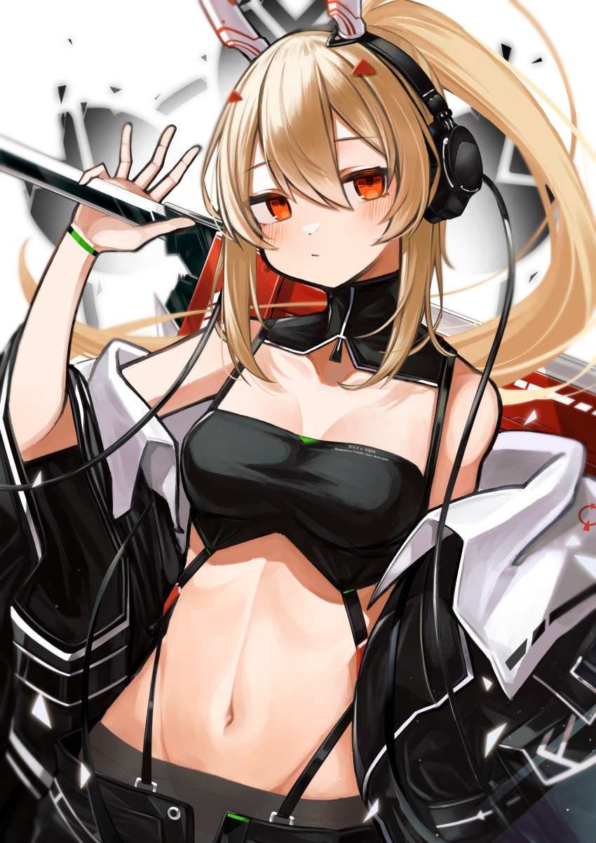 1girl absurdres ayanami_(azur_lane) ayanami_(rock_'n'_demon)_(azur_lane) azur_lane bangs breasts cleavage collarbone commentary_request eyebrows_visible_through_hair greatsword green_happy000 hair_between_eyes hair_ornament hairclip headgear headphones highres holding holding_sword holding_weapon light_brown_hair long_hair long_sleeves looking_at_viewer navel official_alternate_costume orange_eyes over_shoulder ponytail retrofit_(azur_lane) sakura_empire_(emblem) sidelocks simple_background solo stomach sword weapon weapon_over_shoulder white_background wide_sleeves