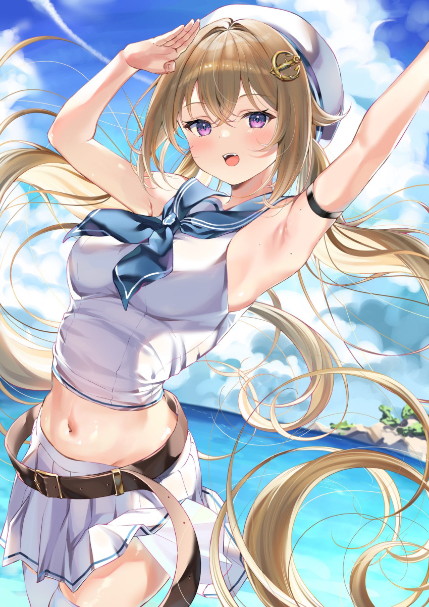 1girl arm_strap armpits arms_up bangs bare_arms belt blue_neckerchief blush bochibochi_(gyuuniku_6000) brown_hair check_copyright cloud copyright_request crossed_bangs dutch_angle eyebrows_visible_through_hair hair_ornament hat highres leather_belt long_hair looking_at_viewer midriff mole mole_on_arm navel neckerchief ocean open_mouth original outdoors pleated_skirt purple_eyes sidelocks skirt sky sleeveless solo thighhighs twintails white_skirt zettai_ryouiki