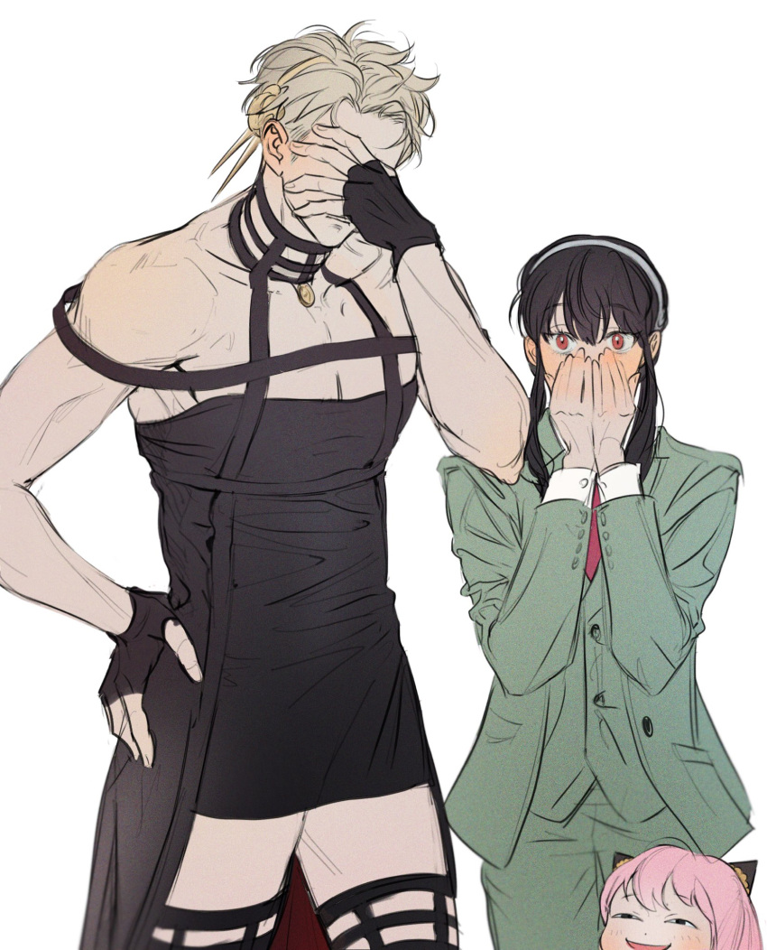 1boy 2girls anya's_heh_face_(meme) anya_(spy_x_family) bangs bare_shoulders black_dress black_hair black_legwear blonde_hair blush child coin_(ornament) cosplay costume_switch covered_face covered_mouth covering_face crossdressing dress ear_blush embarrassed eocndrmfu fake_horns female_child fingerless_gloves formal gloves green_jacket green_pants green_vest hairband hand_blush hand_on_hip hand_on_own_face hand_to_own_mouth hand_up hands_up highres horns jacket looking_at_another looking_up meme multiple_girls necktie pants pink_hair red_eyes red_necktie short_hair sidelocks simple_background sleeveless sleeveless_dress spikes spy_x_family standing suit thighhighs twilight_(spy_x_family) two-sided_fabric two-sided_skirt updo vest white_background zettai_ryouiki