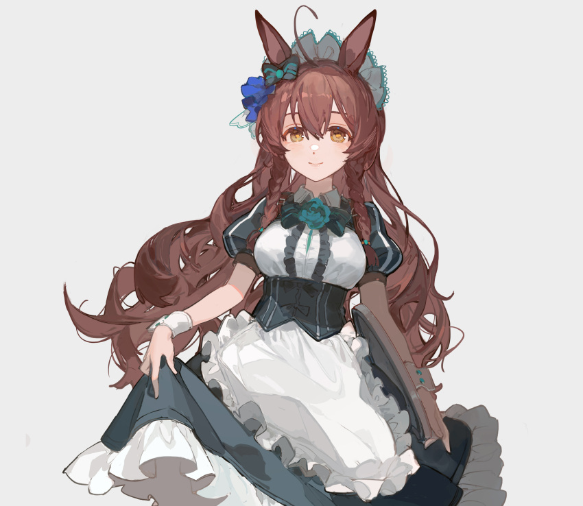 1girl absurdres ahoge animal_ears apron bangs bow bowtie braid breasts brown_hair center_frills ciloranko closed_mouth collared_shirt corset ear_bow frills green_skirt grey_background highres holding holding_tray horse_ears lips long_hair looking_at_viewer maid_headdress medium_breasts mejiro_bright_(umamusume) puffy_short_sleeves puffy_sleeves shirt short_sleeves simple_background skirt skirt_hold smile solo tray umamusume upper_body waist_apron wrist_cuffs yellow_eyes
