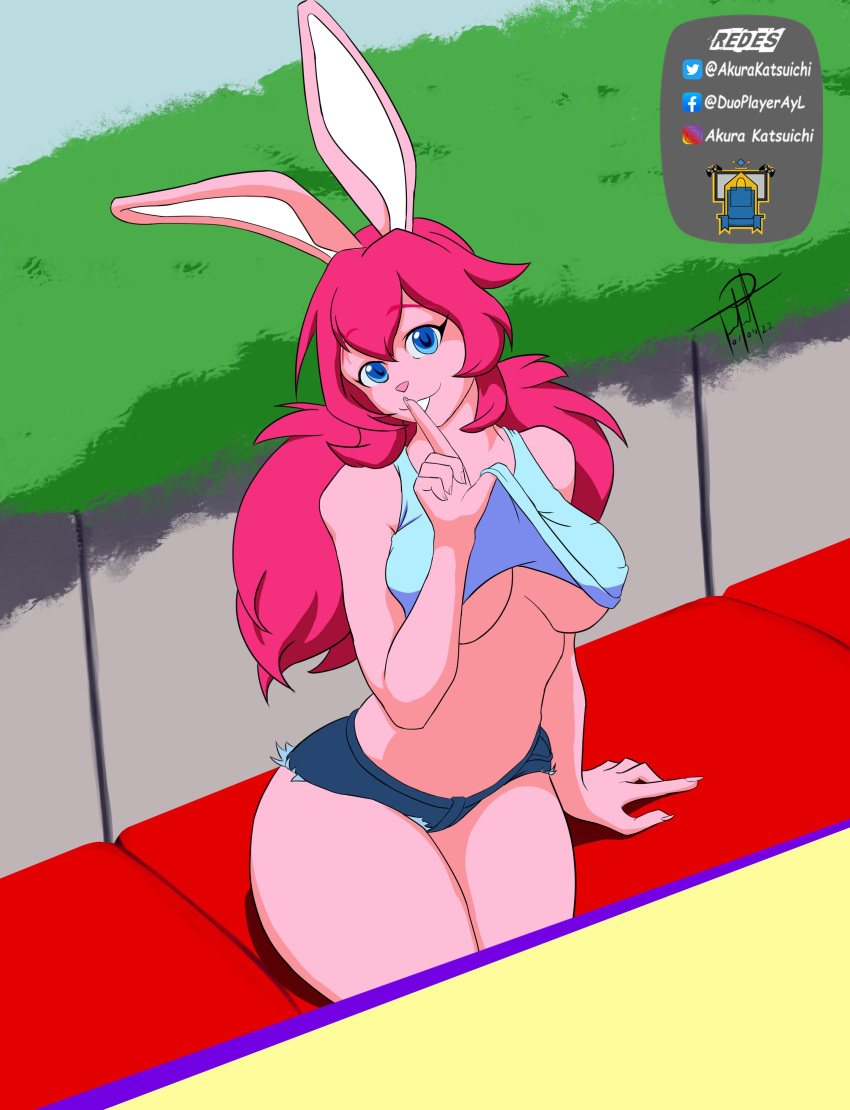 2022 absurd_res anthro artakura big_breasts blue_eyes breasts buckteeth cleavage clothed clothing clothing_lift detailed_background dreamflower female finger_in_mouth fur hair hi_res lagomorph leporid long_hair looking_at_viewer mammal midriff navel pigtails pink_body pink_fur pink_hair rabbit shirt shirt_lift shush signature sitting solo teeth topwear under_boob