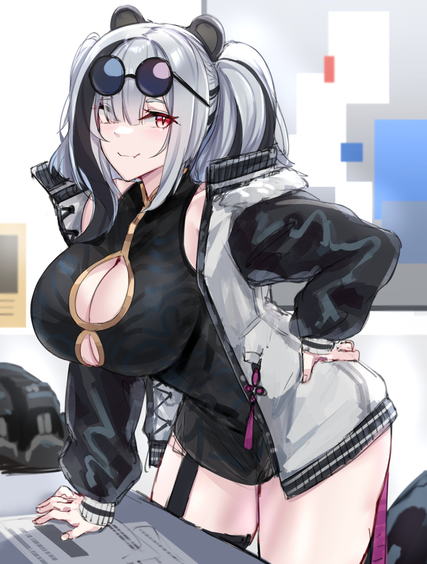 1girl absurdres animal_ears arknights arm_support bear_ears black-framed_eyewear black_dress black_legwear blush breasts cleavage cleavage_cutout closed_mouth clothing_cutout cowboy_shot desk dress eyewear_on_head fang fang_out feater_(arknights) garter_straps grey_hair grey_jacket hair_over_one_eye hand_on_hip highres jacket kanta_(kanta_077) large_breasts leaning_forward long_hair long_sleeves looking_at_viewer multicolored_hair open_clothes open_jacket red_eyes red_hair round_eyewear short_dress single_thighhigh skin_fang smile solo sunglasses tassel thighhighs twintails two-tone_hair unfinished