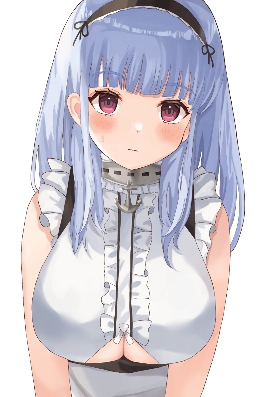 1girl absurdres anchor_choker azur_lane black_hairband blue_hair breasts center_frills choker clothing_cutout dido_(azur_lane) frilled_choker frilled_shirt frills hairband highres lace-trimmed_hairband lace_trim large_breasts long_hair looking_at_viewer maid purple_eyes shirt sleeveless sleeveless_shirt solo underboob underboob_cutout watage_tanpopo