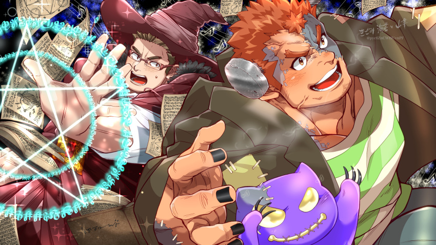 2boys alternate_costume bad_hands bara black_background black_nails blue_background bolt book brown_eyes brown_hair commentary_request cosplay creature dark-skinned_male dark_skin devil_(housamo) frankenstein's_monster frankenstein's_monster_(cosplay) glasses halloween_costume hat highres kengo_(housamo) kizami_nori_to_yamaimo magic magic_circle male_focus mole mole_under_eye multicolored_background multiple_boys muscular muscular_male musical_note open_mouth pages rimless_eyewear shiro_(housamo) short_hair sideburns smile staff_(music) stitched_face sweatdrop thick_eyebrows tokyo_afterschool_summoners upper_body wizard wizard_hat