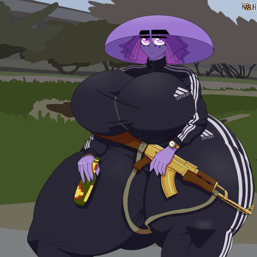 adidas big_breasts bottle breasts clock clothed clothing elemental_creature elemental_humanoid female fungi_fauna fungi_humanoid fungus gun hi_res huge_breasts humanoid kouh mushroom mushroom_humanoid outside purple_body purple_eyes ranged_weapon solo thyz_(kouh) weapon