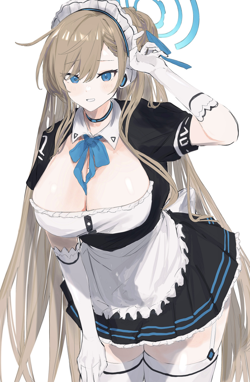 1girl absurdres apron asuna_(blue_archive) bangs black_skirt black_sleeves blue_archive blue_eyes blue_ribbon breasts brown_hair choker commentary_request cowboy_shot eyebrows_visible_through_hair forehead frilled_apron frilled_skirt frills gloves hair_ornament hair_over_shoulder hair_ribbon halo highres huge_breasts kohaku_sogo leaning_forward long_hair maid maid_apron maid_headdress open_mouth parted_bangs ribbon shadow short_sleeves simple_background skirt solo teeth thighhighs very_long_hair white_background white_gloves white_legwear