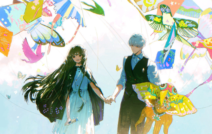 1boy 1girl :d bangs black_cloak black_pants black_vest brown_hair bug butterfly character_request cloak collared_shirt cowboy_shot day dress floating_hair grey_hair highres holding_hands kite kite_flying kite_string light_and_night_love long_hair looking_away looking_down pants red_eyes shirt short_hair short_sleeves sideways_glance sleeves_folded_up smile spool very_long_hair vest wanyou white_dress white_shirt