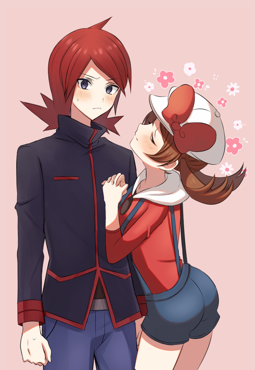 1boy 1girl absurdres belt_buckle black_jacket blush bow brown_hair buckle cabbie_hat closed_eyes closed_mouth commentary_request cowlick grey_eyes hands_up hat hat_bow highres jacket long_hair long_sleeves lyra_(pokemon) nasakixoc overalls own_hands_together pants pokemon pokemon_(game) pokemon_hgss red_bow red_hair red_shirt shirt silver_(pokemon) sweatdrop twintails white_headwear