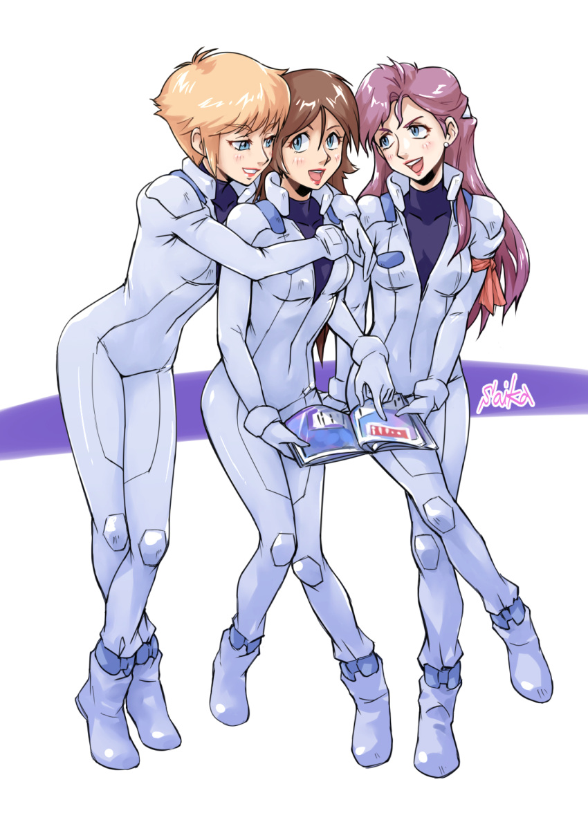 3girls blonde_hair blue_eyes blush brown_hair gundam helen_jackson highres junko_jenko knee_pads long_hair magazine_(object) mahalia_merril multiple_girls open_mouth pilot_suit purple_hair saika_(pixiv43370196) short_hair shrike_team_(victory_gundam) undershirt unzipped victory_gundam