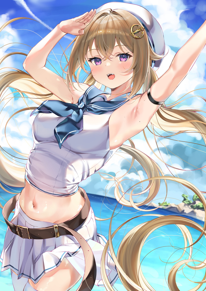 1girl absurdres arm_strap armpits arms_up bangs bare_arms belt blue_neckerchief blush bochibochi_(gyuuniku_6000) brown_hair check_copyright cloud copyright_request crossed_bangs dutch_angle eyebrows_visible_through_hair hair_ornament hat highres leather_belt long_hair looking_at_viewer midriff mole mole_on_arm navel neckerchief ocean open_mouth original outdoors pleated_skirt purple_eyes sidelocks skirt sky sleeveless solo thighhighs twintails white_skirt zettai_ryouiki