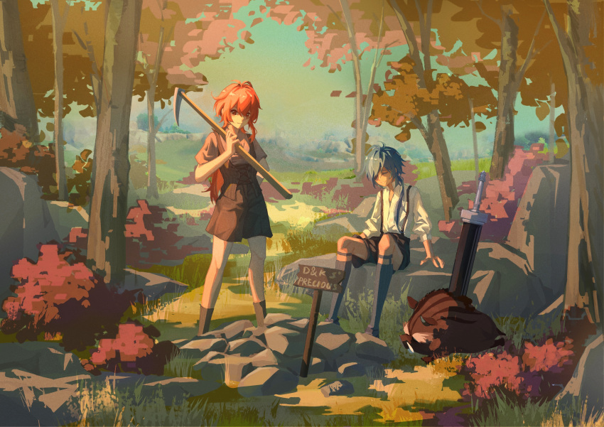 2boys absurdres antenna_hair bangs blue_hair boar brown_footwear brown_shirt brown_shorts brown_vest bush child chinese_commentary collared_shirt commentary_request diluc_(genshin_impact) eyepatch forest full_body genshin_impact grass highres holding holding_pickaxe kaeya_(genshin_impact) kneehighs lhibary male_child multiple_boys nature one_eye_closed one_eye_covered outdoors pickaxe planted planted_sword red_eyes red_hair rock scenery shirt short_sleeves shorts sign signpost sitting sky smile standing suspenders sword tree vest weapon white_shirt younger