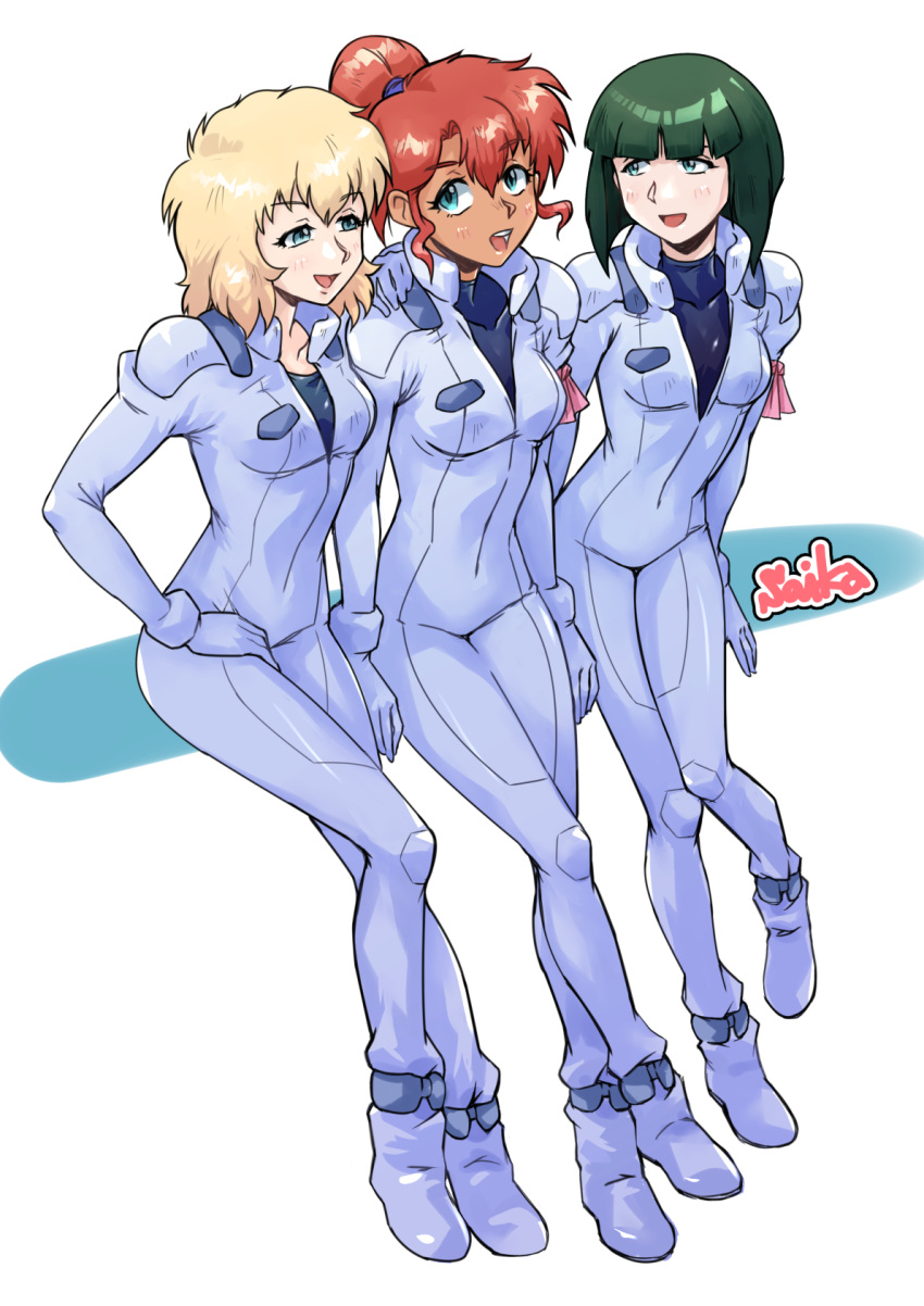 3girls blonde_hair blue_eyes connie_francis green_eyes green_hair gundam highres kate_bush multiple_girls open_mouth peggy_lee pilot_suit ponytail red_hair saika_(pixiv43370196) short_hair shrike_team_(victory_gundam) undershirt unzipped victory_gundam