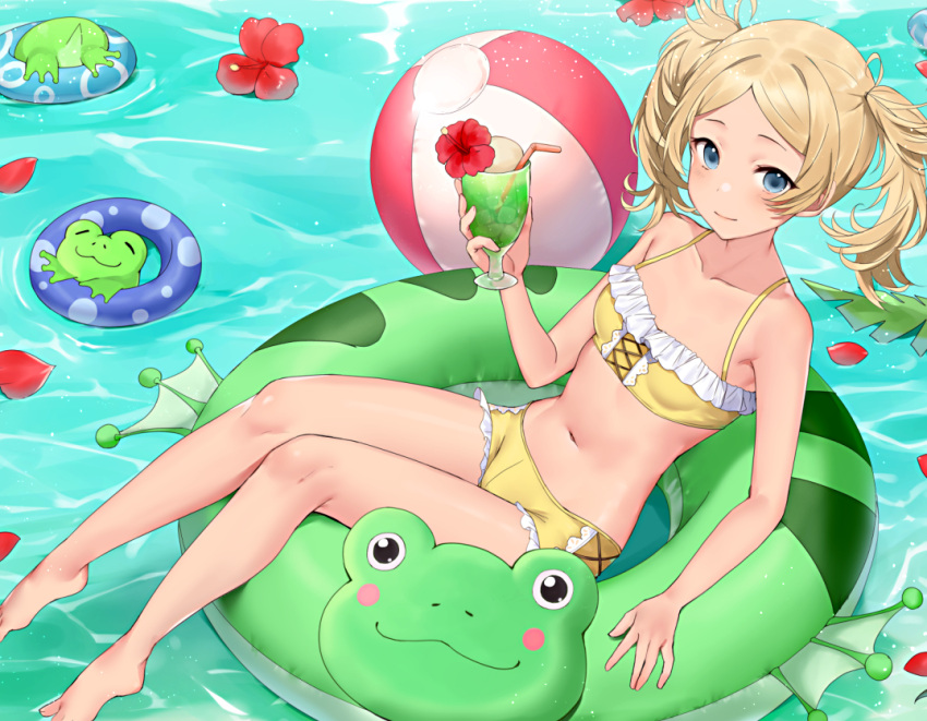 1girl alternate_costume bare_shoulders bikini bikini_shorts blonde_hair blue_eyes breasts collarbone commission cup drinking_glass fire_emblem fire_emblem_awakening flower frog haru_(nakajou-28) hibiscus holding holding_cup innertube lissa_(fire_emblem) looking_at_viewer medium_hair mismatched_bikini navel short_twintails shorts small_breasts smile solo swimsuit twintails water yellow_bikini yellow_swimsuit